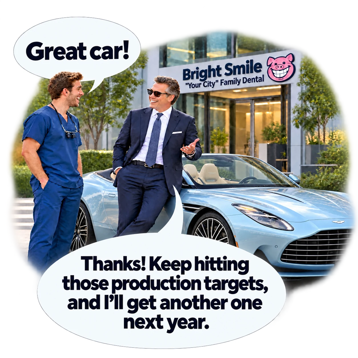 A dentist admires a silver-blue Aston Martin convertible beside a DSO executive outside Bright Smile Your City Family Dental, with its smiling cartoon pig logo. Dentist: Great car! DSO Executive: Thanks! Keep hitting those production targets, and I’ll get another one next year.