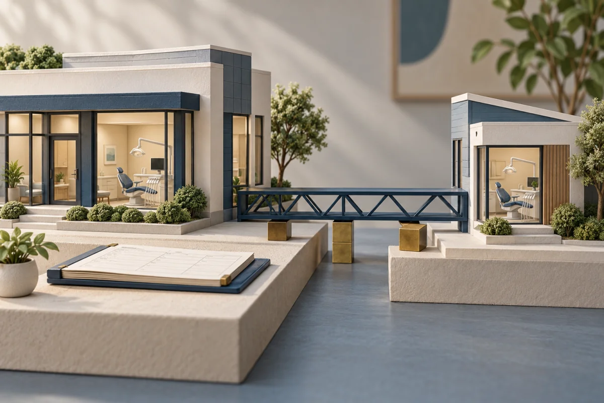 Two miniature dental offices connected by a bridge with brass supports and a shared appointment ledger.