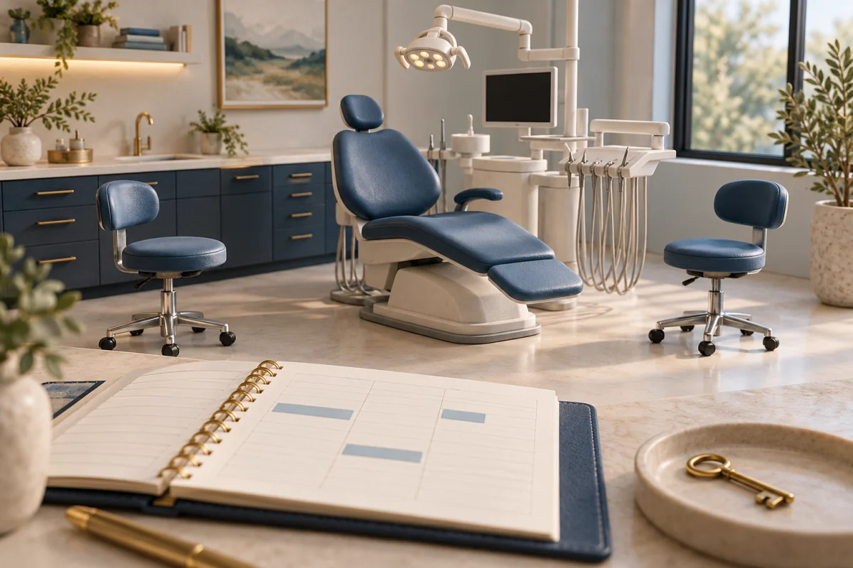 Two rolling dentist stools beside one treatment chair and a sparsely filled appointment book.
