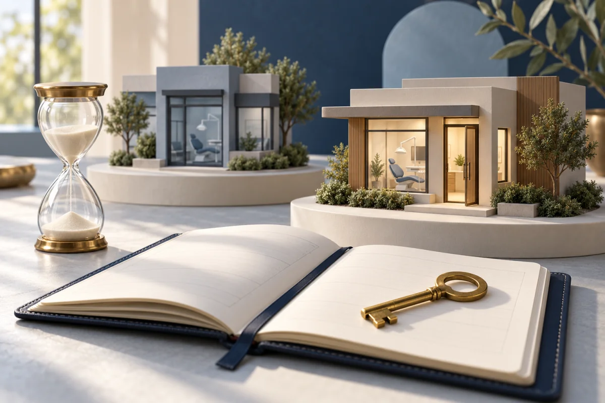 An hourglass and brass key beside two miniature dental offices and an open planner.
