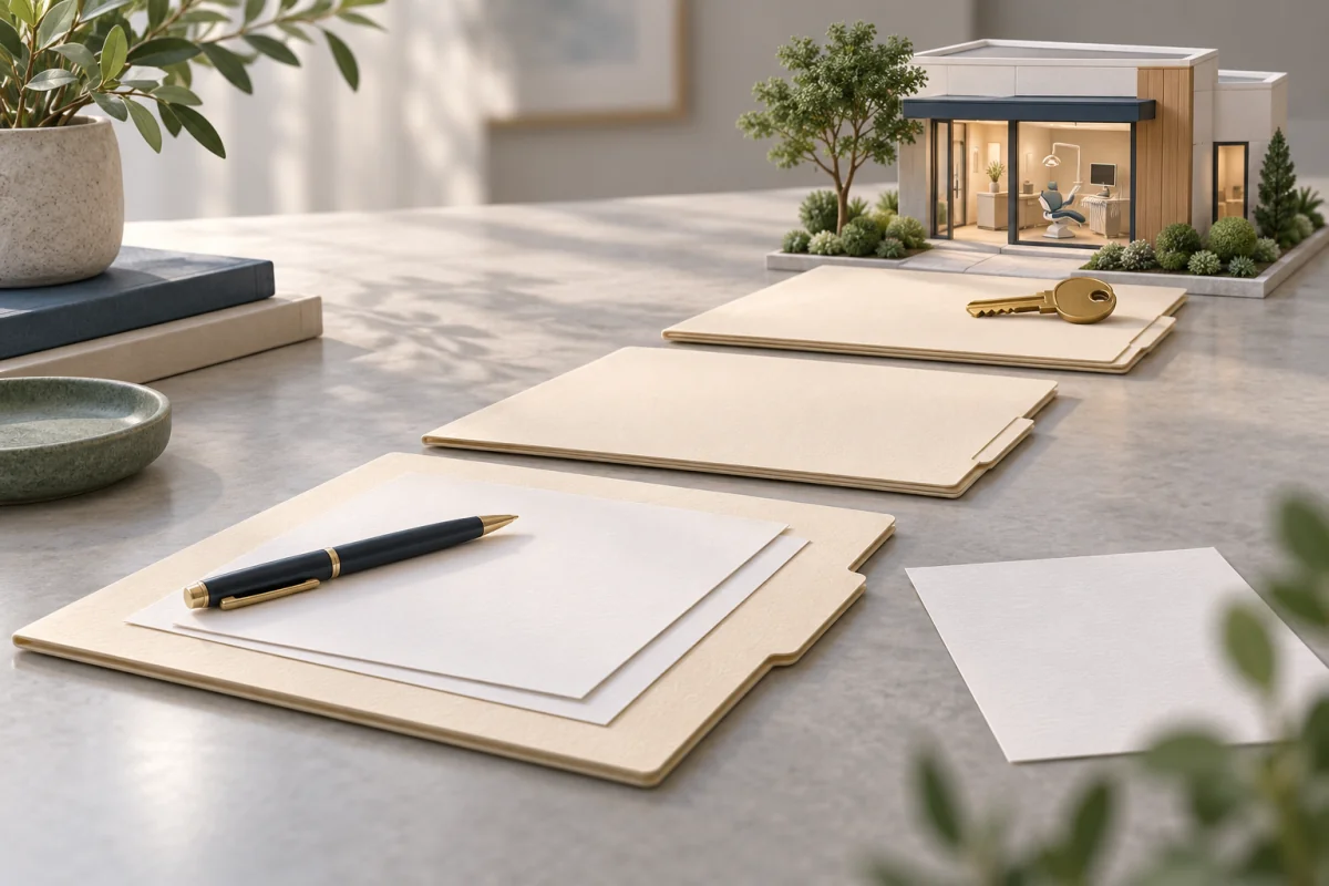An orderly path of document folders leading to a miniature dental clinic and a brass key.