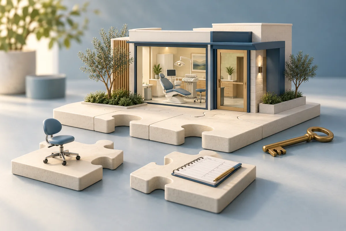 A miniature dental clinic on a puzzle platform with a stool and appointment ledger on detached pieces.
